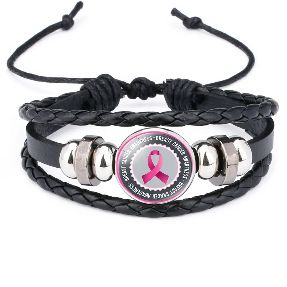 Breast Cancer Awareness Hope Bracelet For Women Pink Ribbon charm Braided leather Rope Wrap Bangle Fashion handmade Jewelry Breast Cancer Awareness Hope Bracelet For Women Pink Ribbon charm Braided leather Rope Wrap Bangle Fashion handmade Jewelry