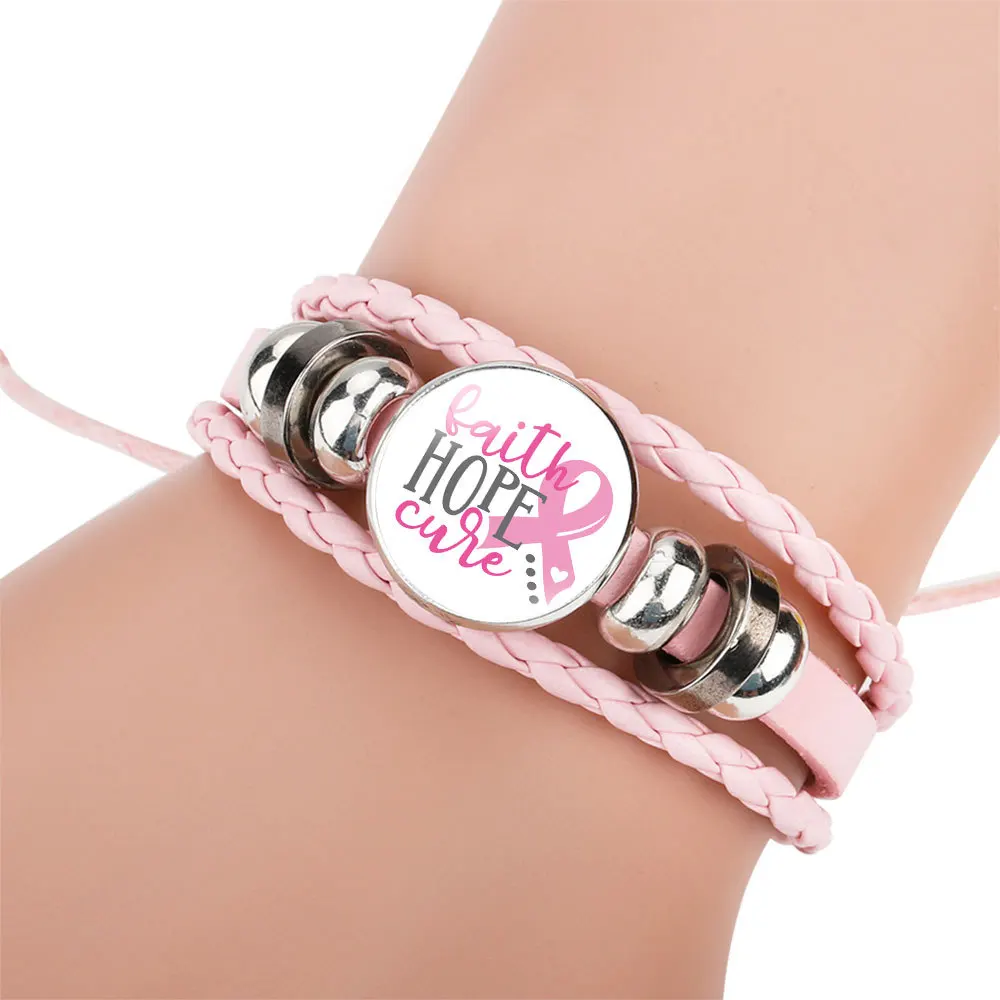 Breast Cancer Awareness Hope Bracelet For Women Pink Ribbon charm Braided leather Rope Wrap Bangle Fashion handmade Jewelry Breast Cancer Awareness Hope Bracelet For Women Pink Ribbon charm Braided leather Rope Wrap Bangle Fashion handmade Jewelry
