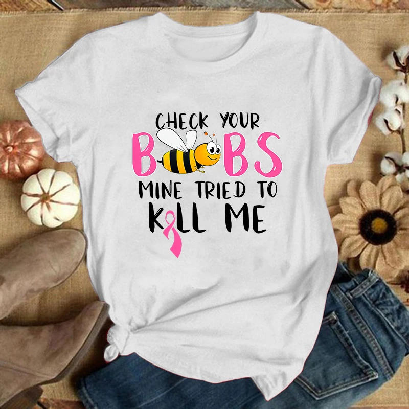 New Hot Breast Cancer Printed T-Shirts Women Girl Casual Loose Round Neck Creative Personalized T-Shirts New Hot Breast Cancer Printed T-Shirts Women Girl Casual Loose Round Neck Creative Personalized T-Shirts