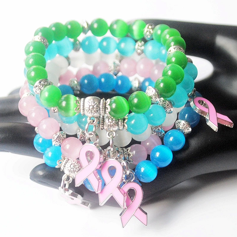 5 Color Breast Cancer Awareness Pink Ribbon Charm Bracelet 5 Color Cat Eye Opal 8mm Beads Bracelets & Bangles 5 Color Breast Cancer Awareness Pink Ribbon Charm Bracelet 5 Color Cat Eye Opal 8mm Beads Bracelets & Bangles